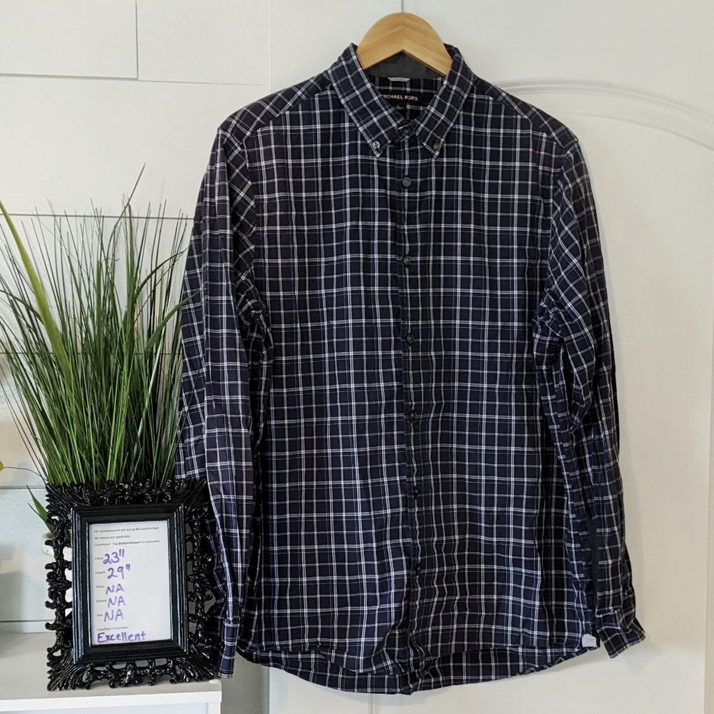Michael Kors Blue Plaid Button Down Shirt Sz L